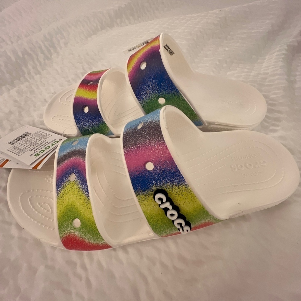 Unisex tie dye crocs new men’s 10 women’s 12 rainbow white slides sandals - Picture 7 of 7